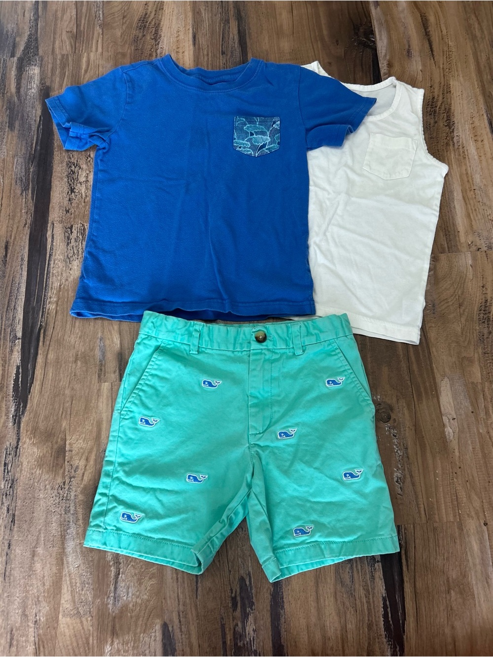 Vineyard Vines Blue Pocket Tee, White Tank & Mint Whale Embroidered Shorts